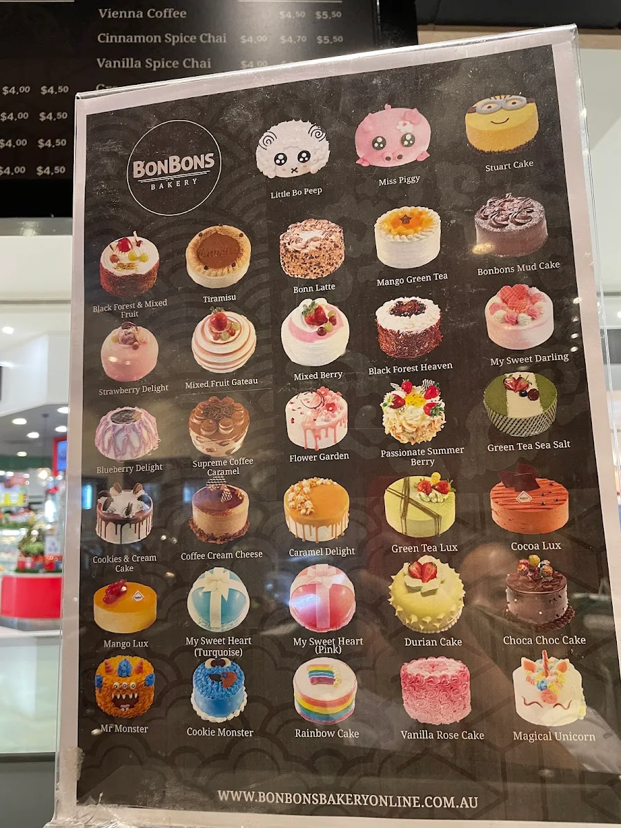 Menu, Bonbons Bakery Sunshine