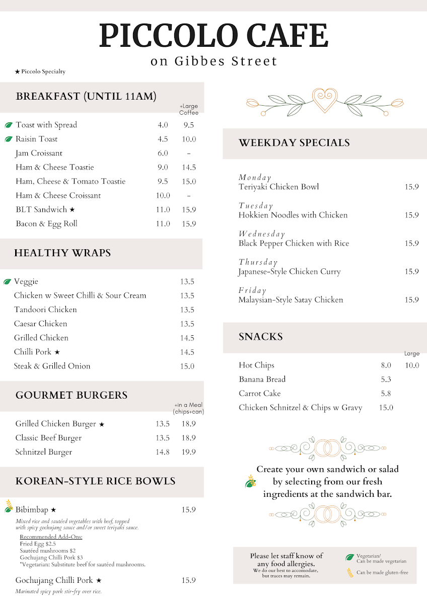 Menu, Piccolo Café