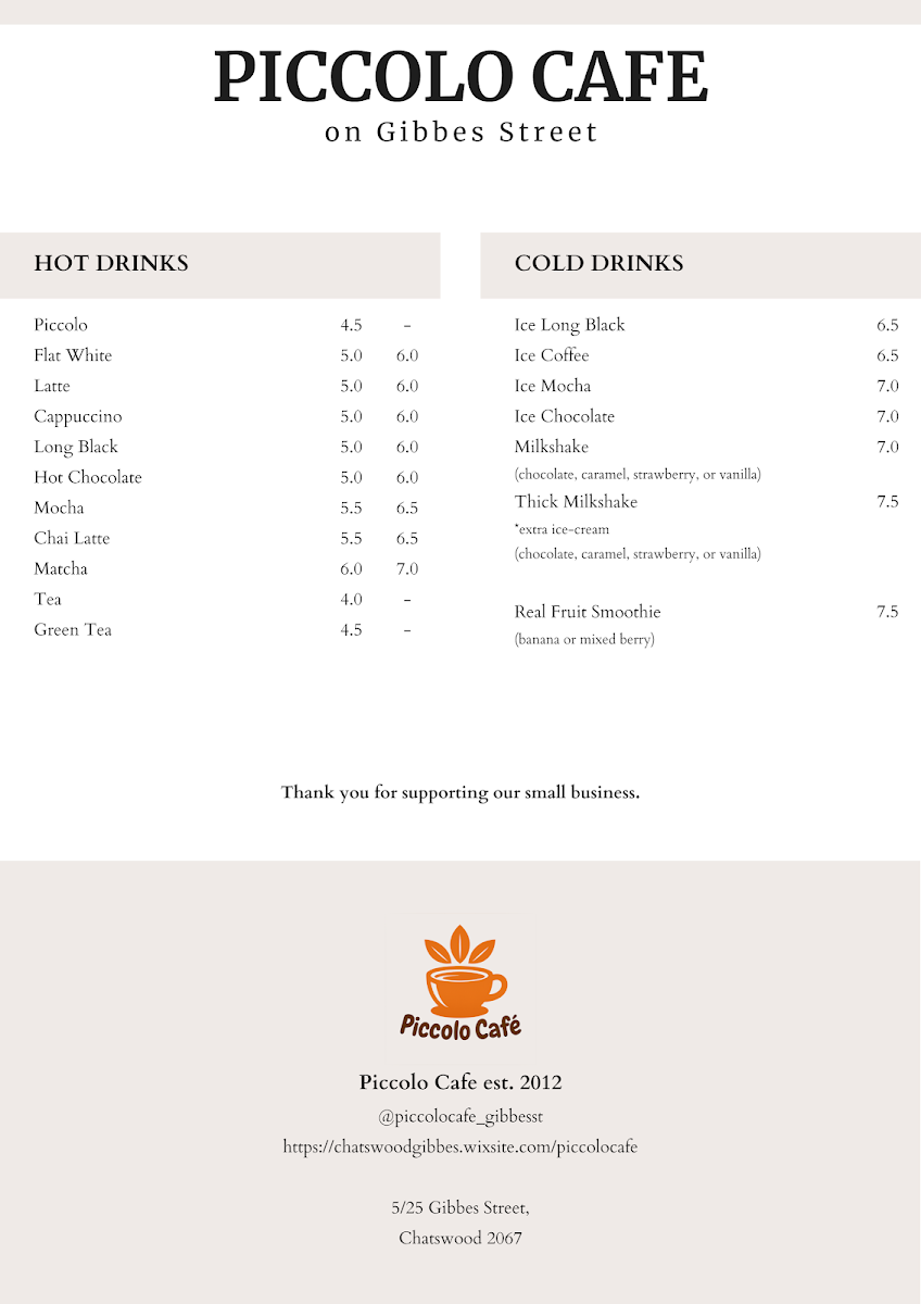 Menu, Piccolo Café