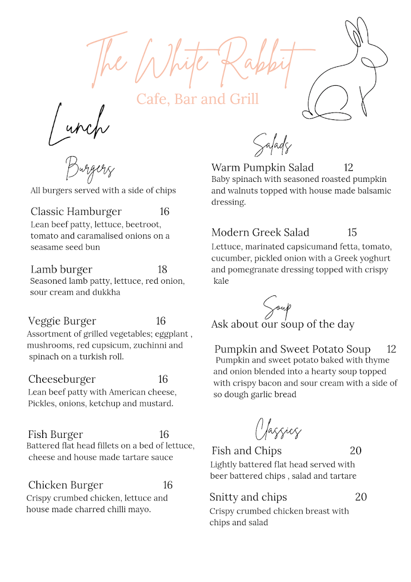 Menu, The White Rabbit Cafe, Bar and Grill
