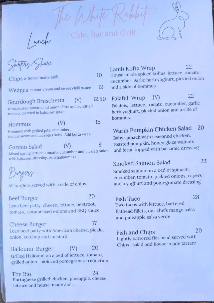 Menu, The White Rabbit Cafe, Bar and Grill