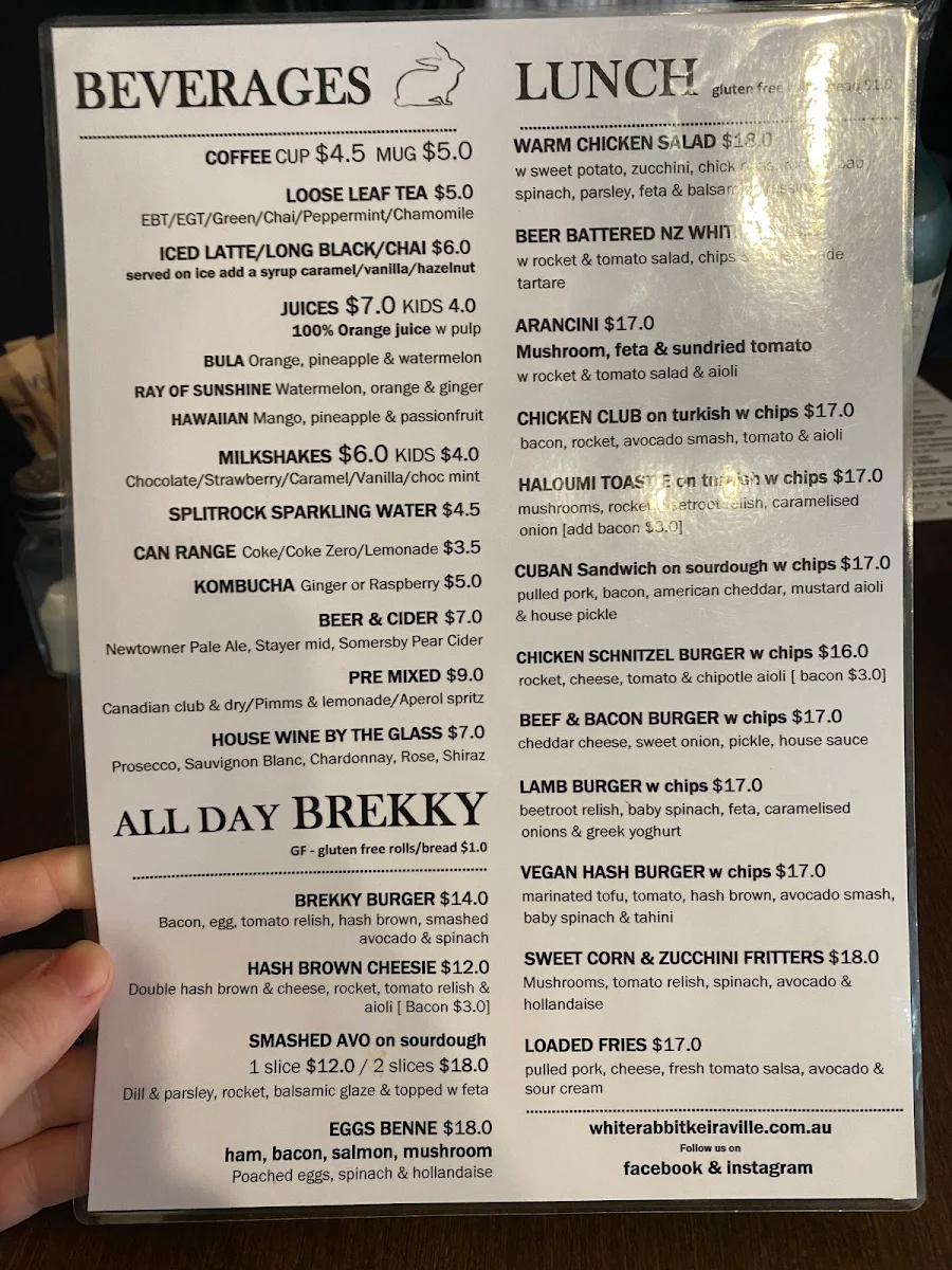 Menu, The White Rabbit Cafe, Bar and Grill