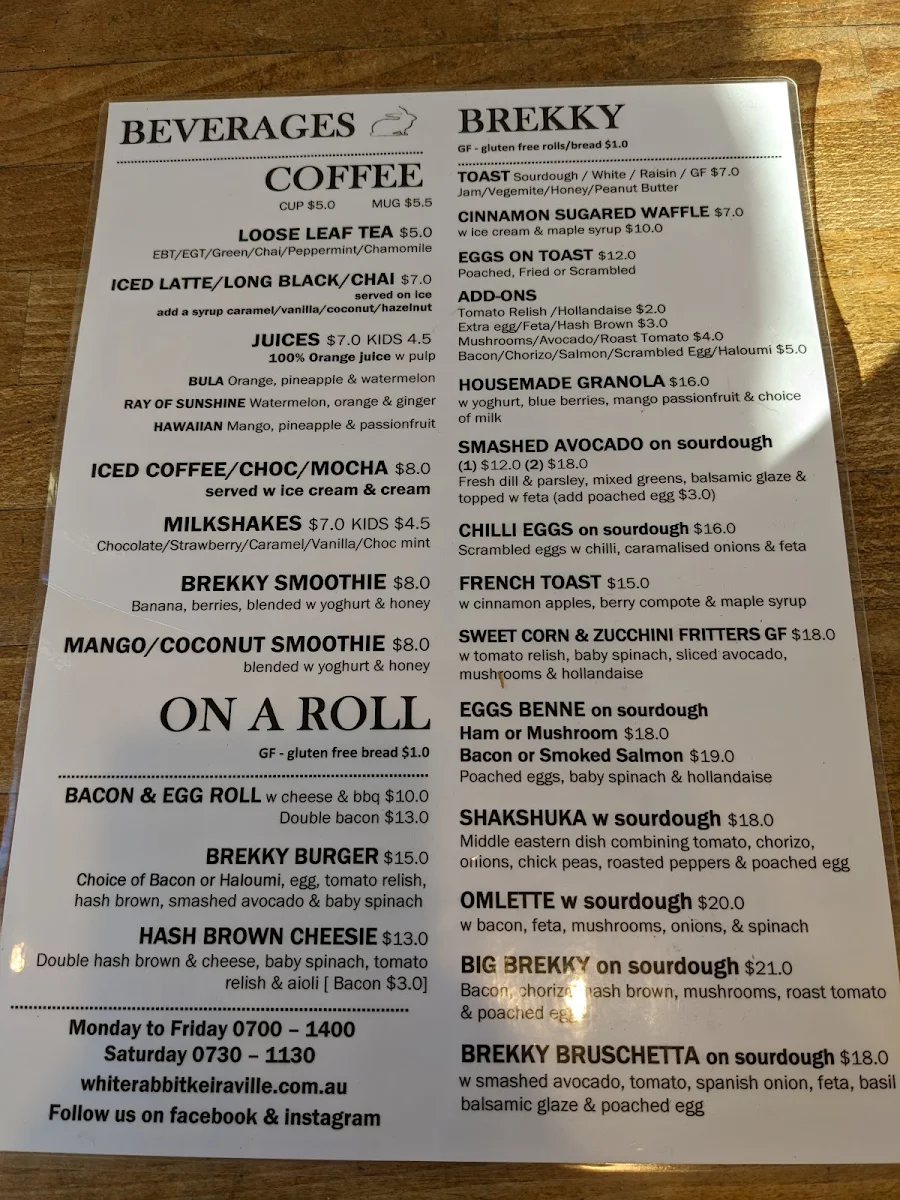 Menu, The White Rabbit Cafe, Bar and Grill