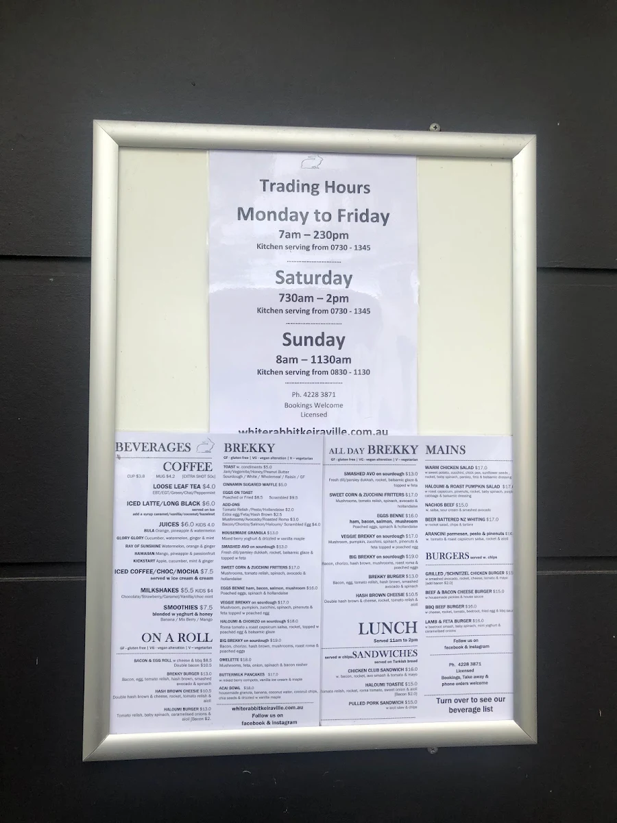 Menu, The White Rabbit Cafe, Bar and Grill
