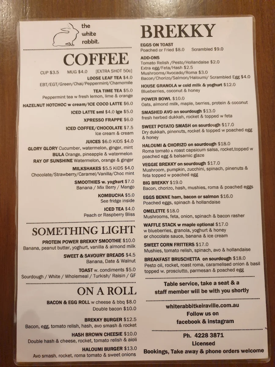 Menu, The White Rabbit Cafe, Bar and Grill