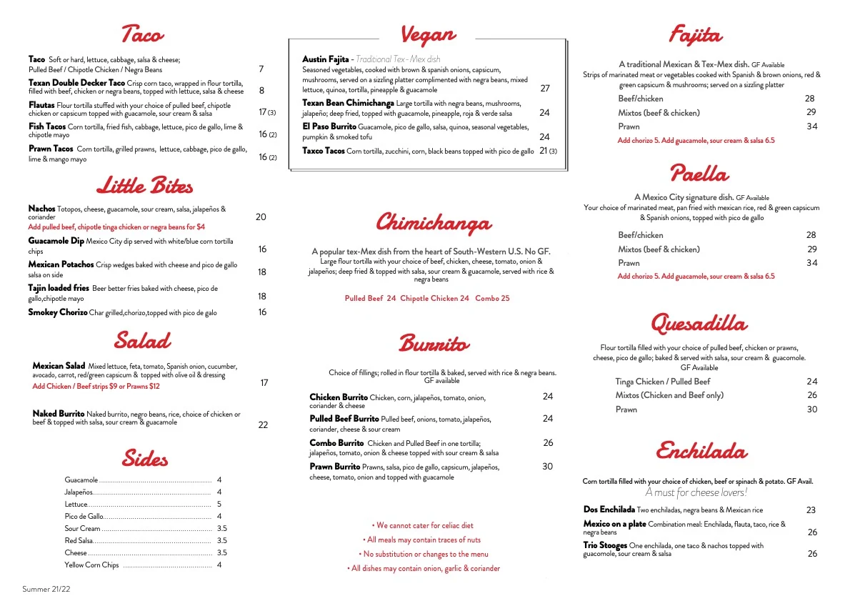 Menu, MiiA Mexiico Bentleigh