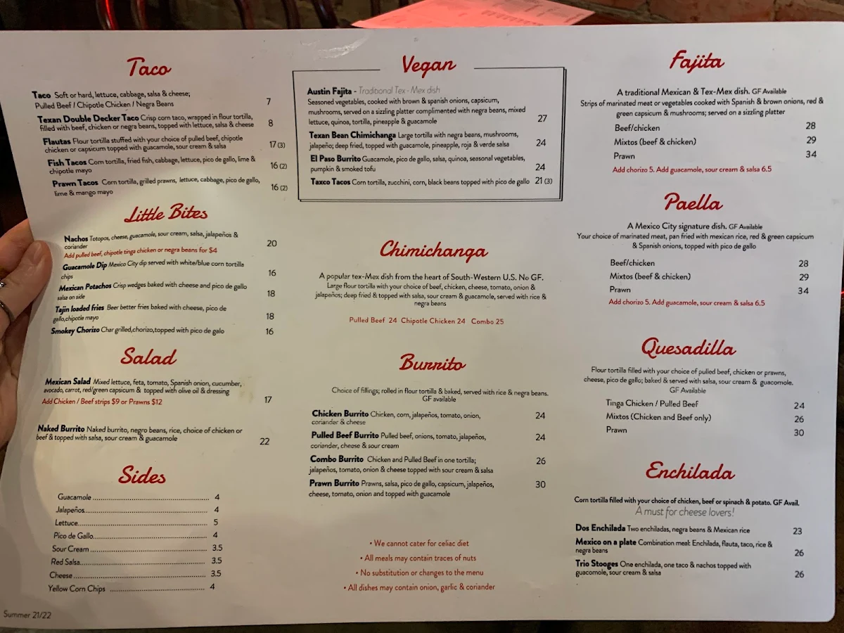 Menu, MiiA Mexiico Bentleigh