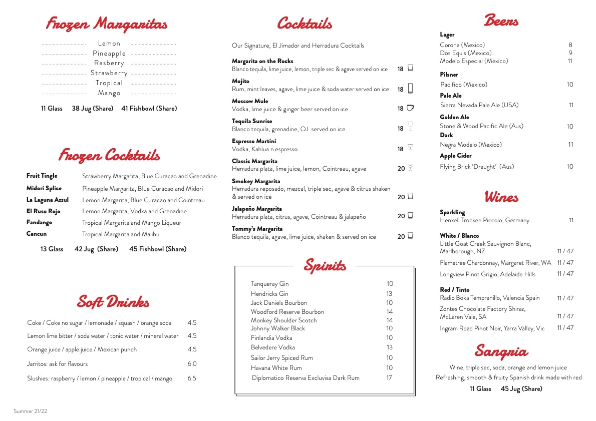 Menu, MiiA Mexiico Bentleigh