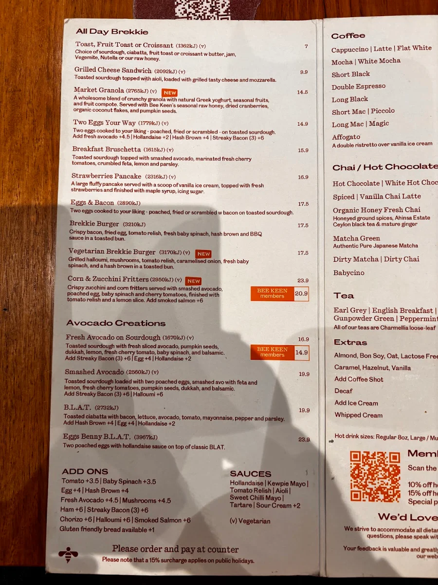 Menu, Bee Keen Cafe Southland