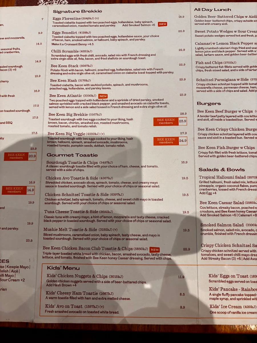 Menu, Bee Keen Cafe Southland