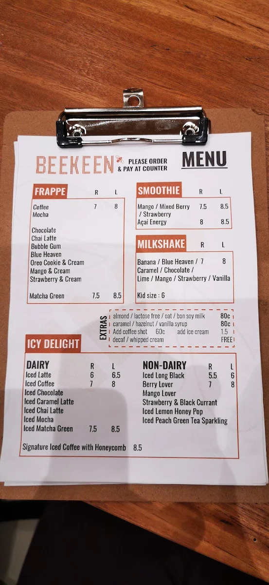 Menu, Bee Keen Cafe Southland