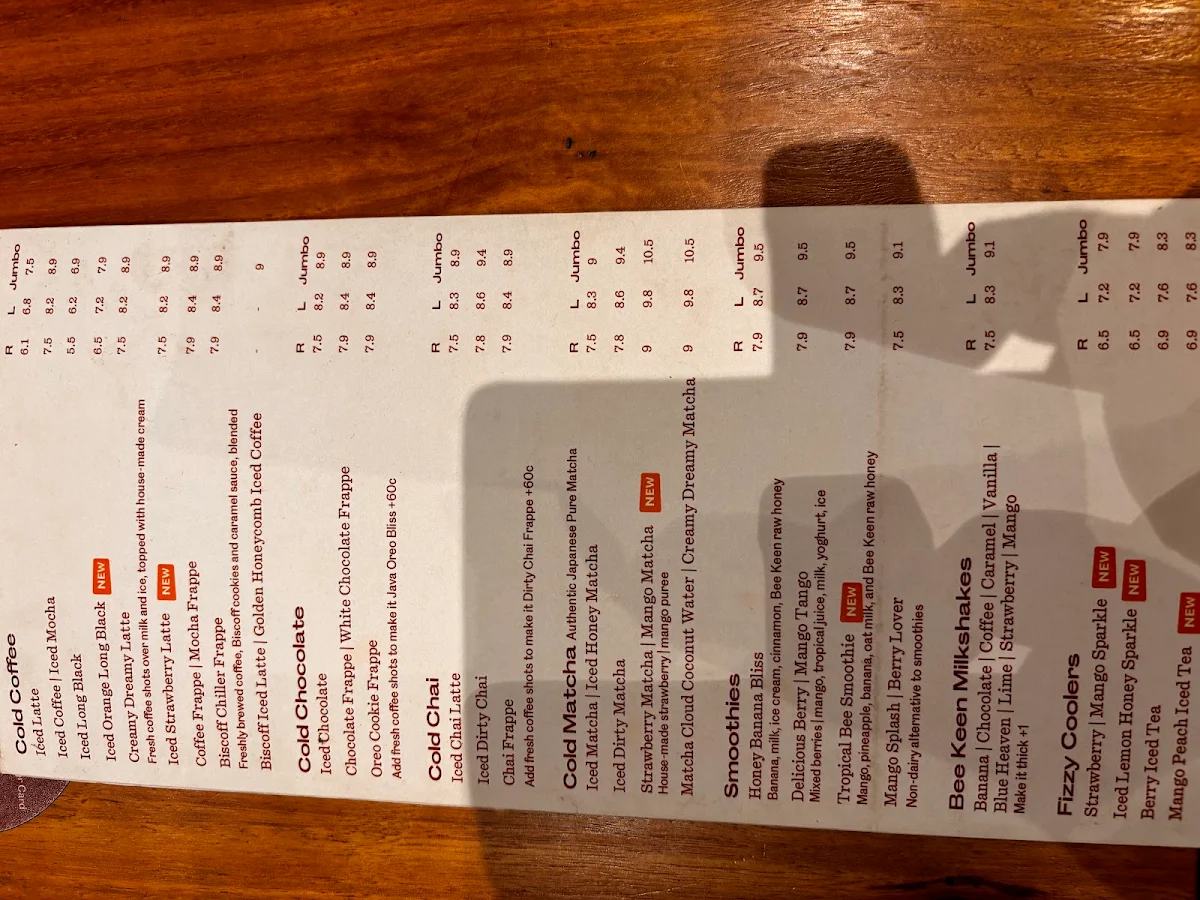 Menu, Bee Keen Cafe Southland