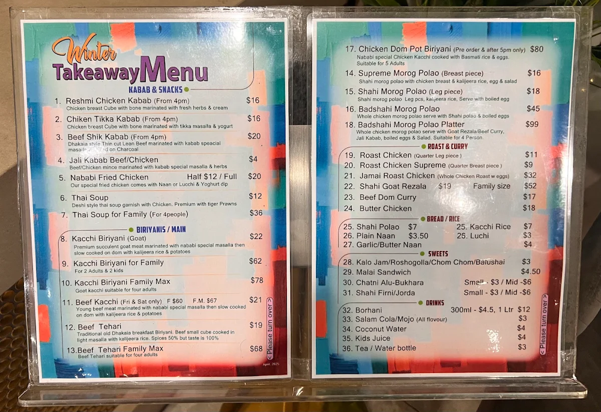 Menu, Nababi Bangladeshi Restaurant