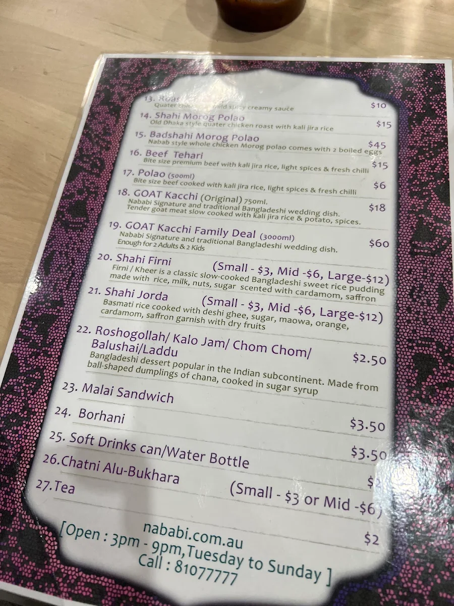 Menu, Nababi Bangladeshi Restaurant
