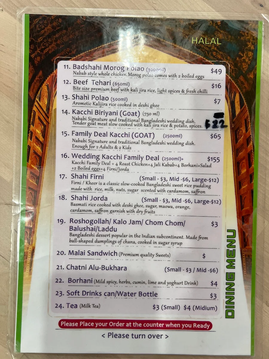 Menu, Nababi Bangladeshi Restaurant