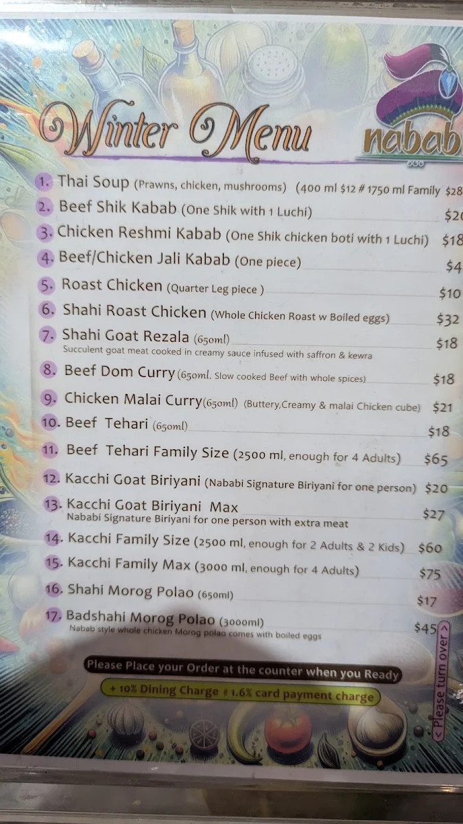 Menu, Nababi Bangladeshi Restaurant