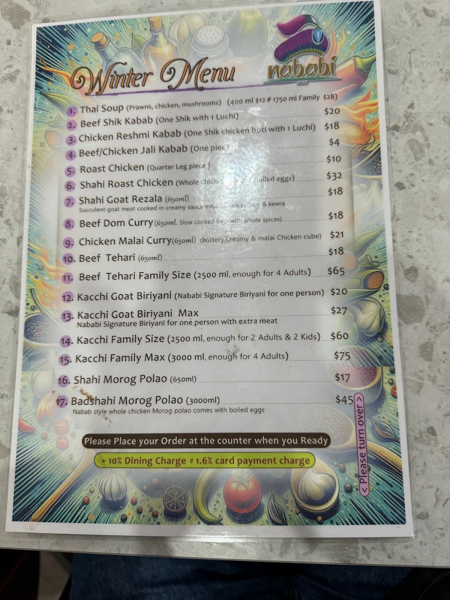 Menu, Nababi Bangladeshi Restaurant