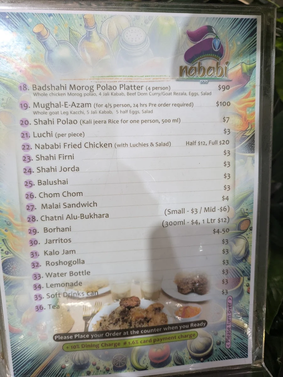 Menu, Nababi Bangladeshi Restaurant