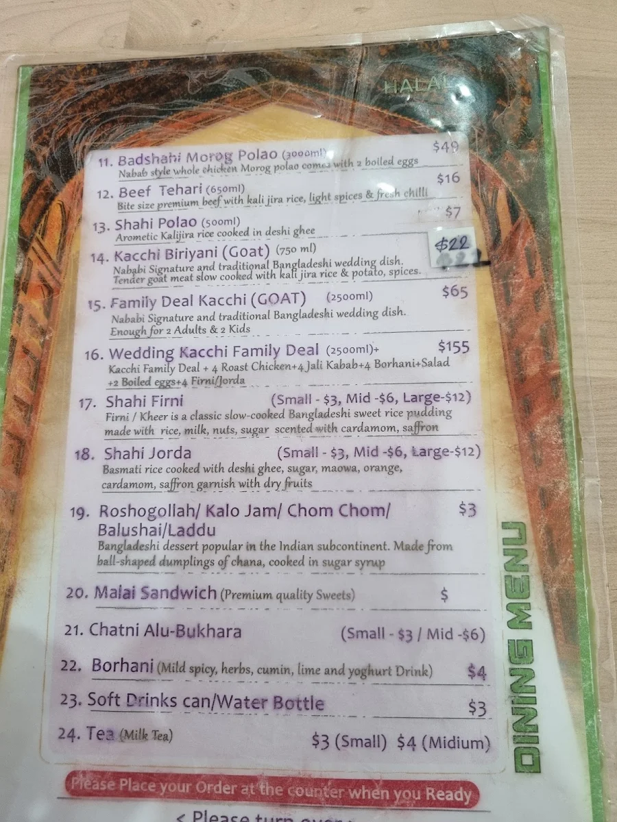 Menu, Nababi Bangladeshi Restaurant