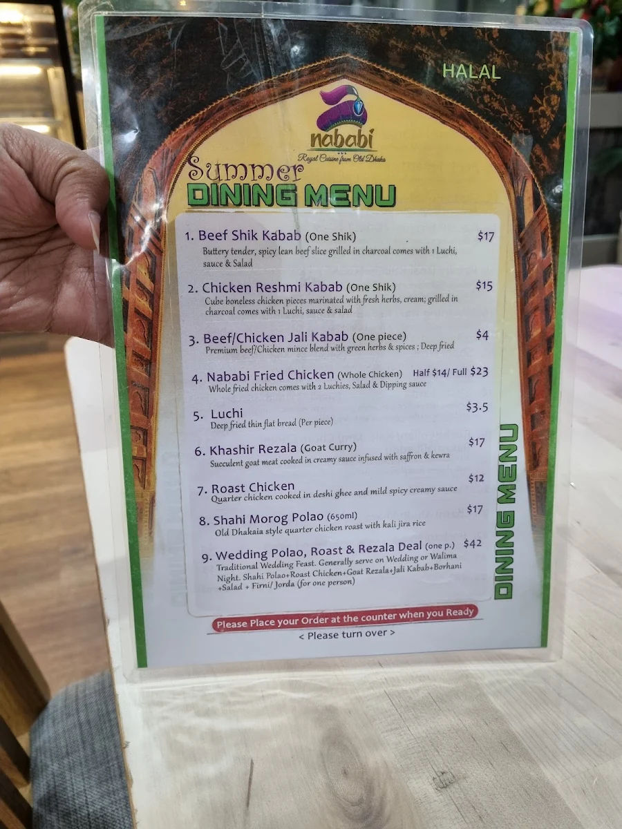 Menu, Nababi Bangladeshi Restaurant