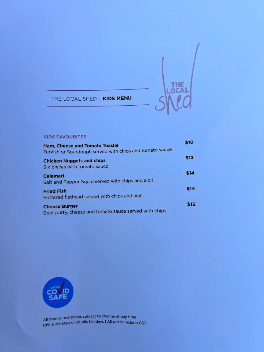 Menu, The Local Shed Cafe