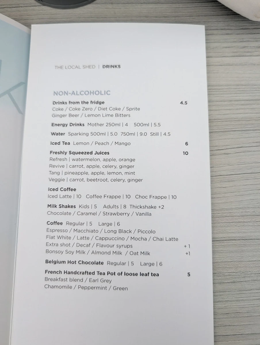 Menu, The Local Shed Cafe