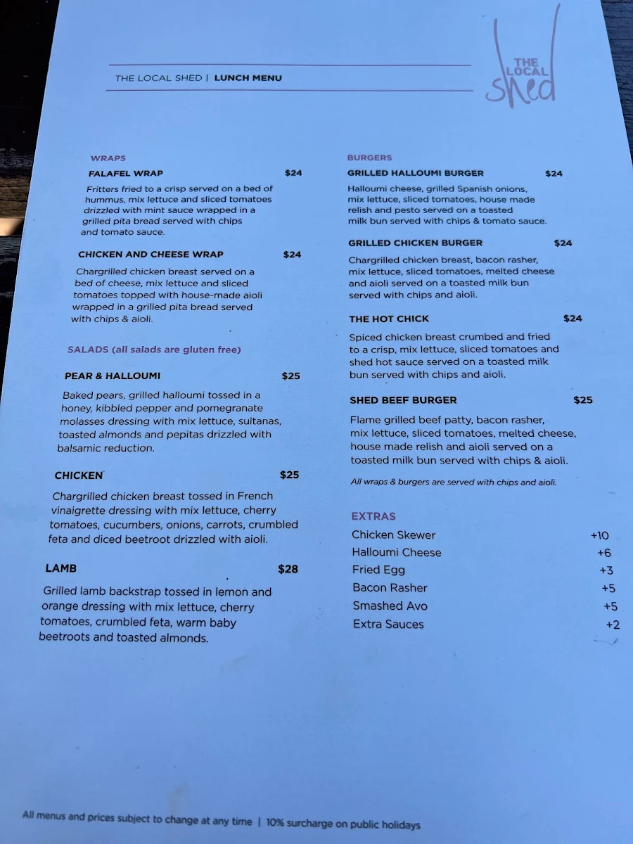 Menu, The Local Shed Cafe