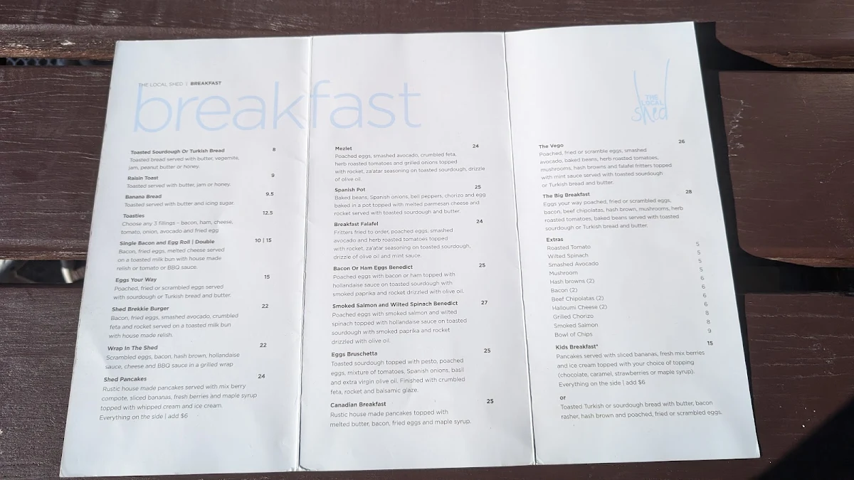 Menu, The Local Shed Cafe