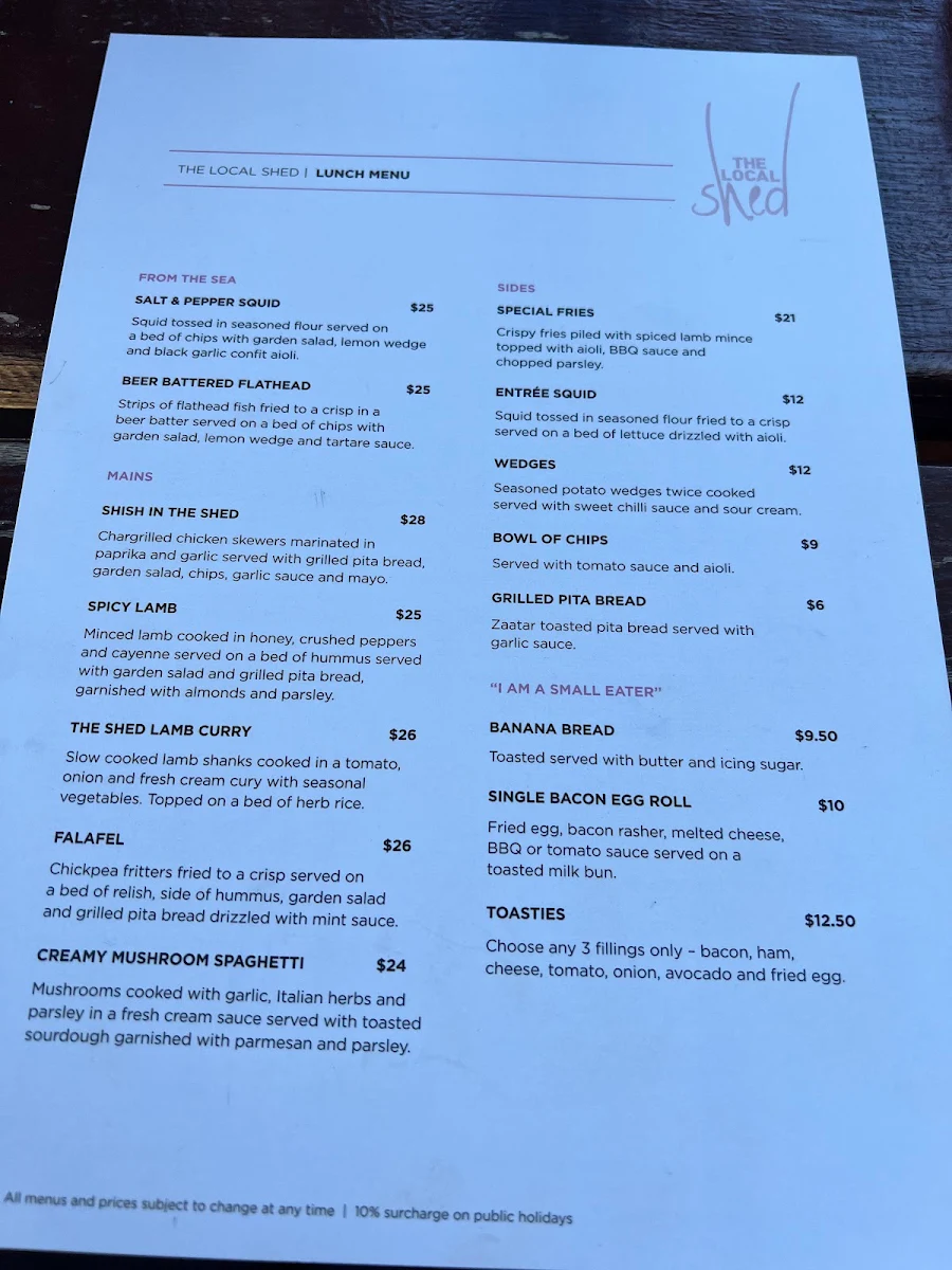 Menu, The Local Shed Cafe