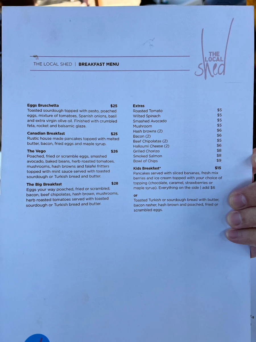 Menu, The Local Shed Cafe