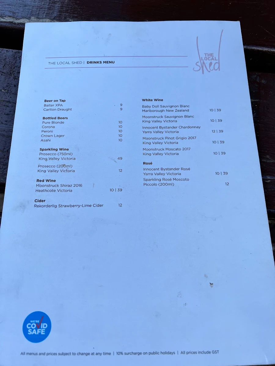 Menu, The Local Shed Cafe