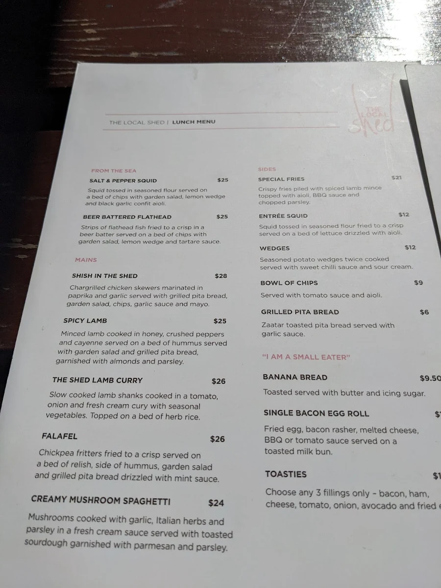 Menu, The Local Shed Cafe