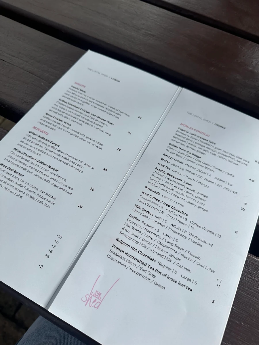 Menu, The Local Shed Cafe