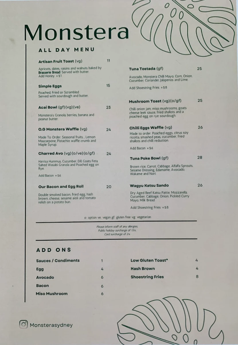 Menu, Cafe Monstera