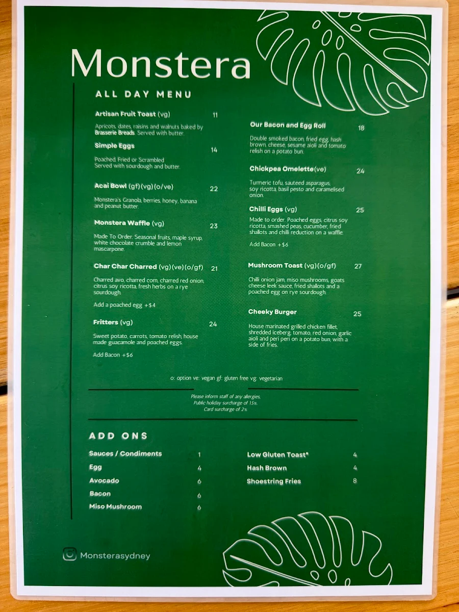 Menu, Cafe Monstera