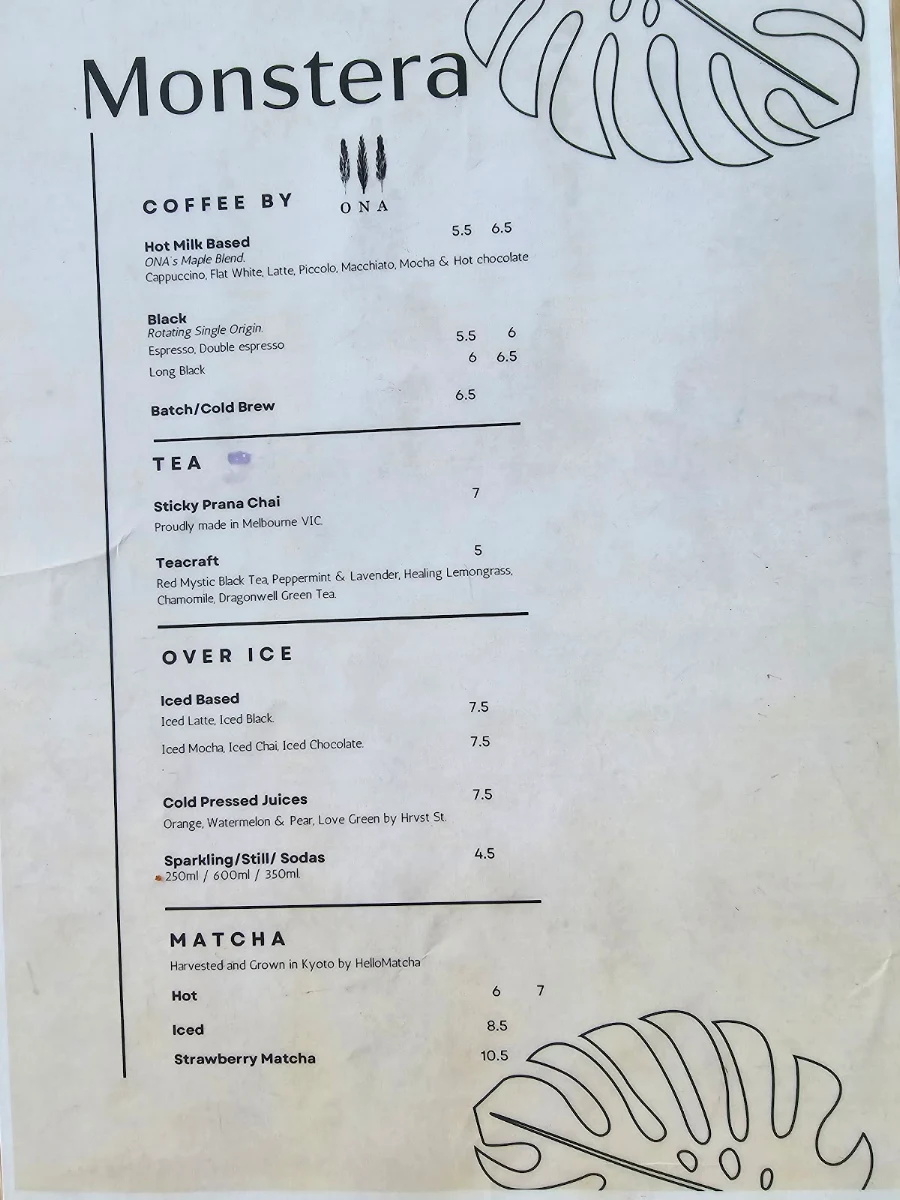 Menu, Cafe Monstera