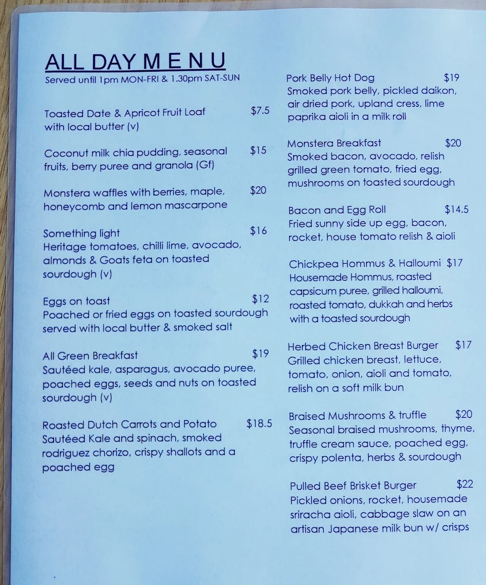 Menu, Cafe Monstera