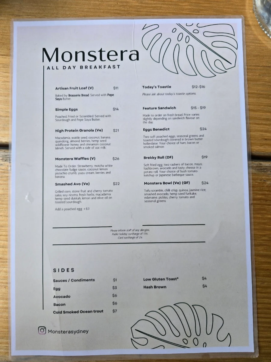 Menu, Cafe Monstera