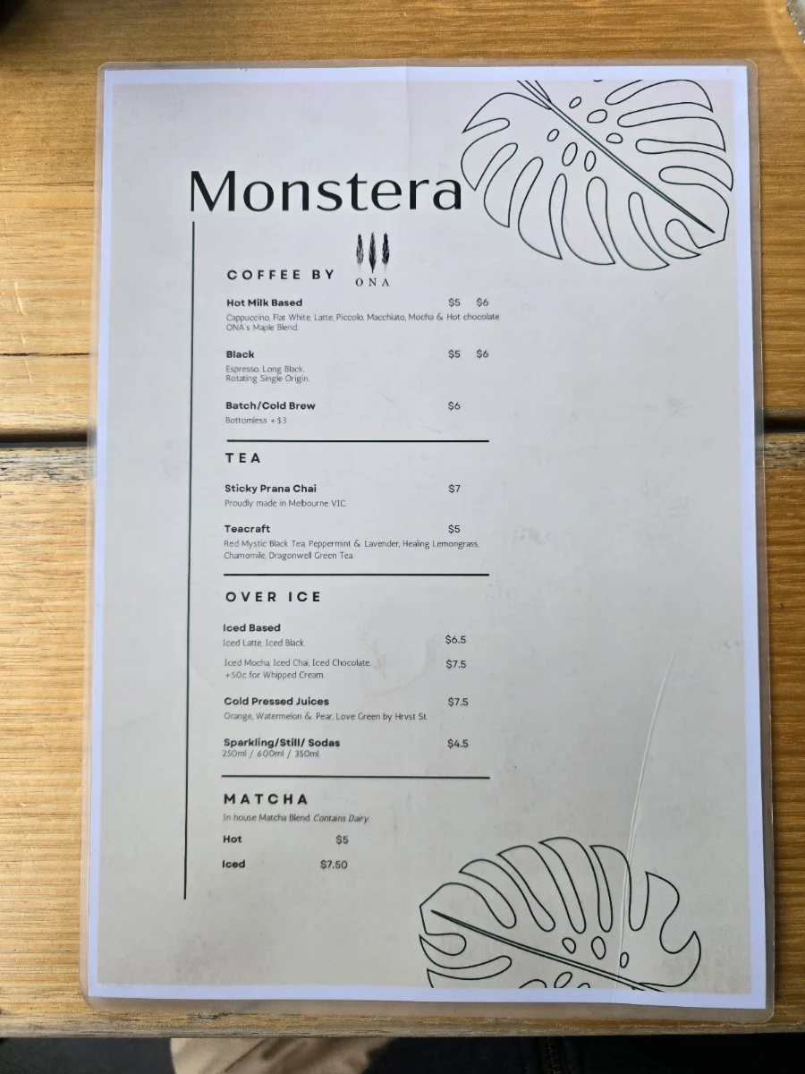 Menu, Cafe Monstera