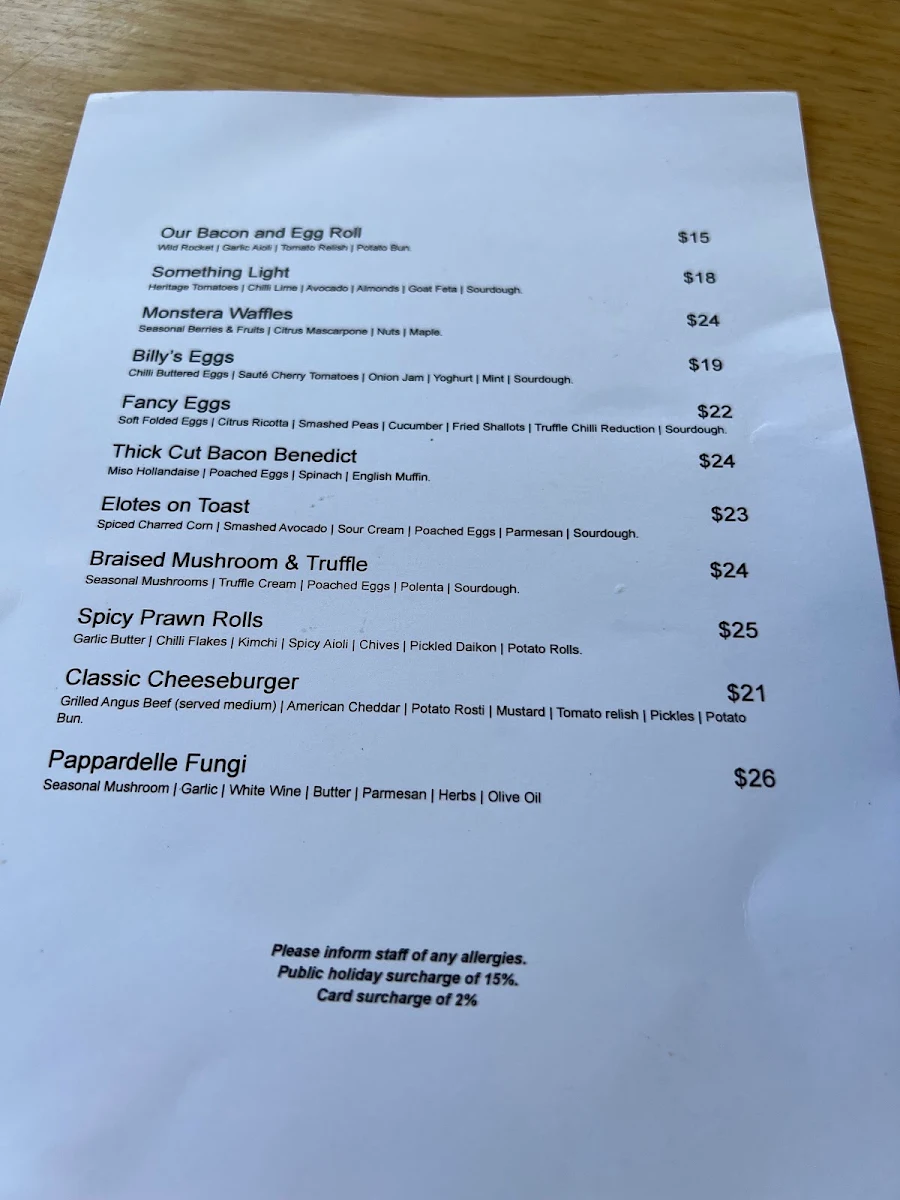 Menu, Cafe Monstera