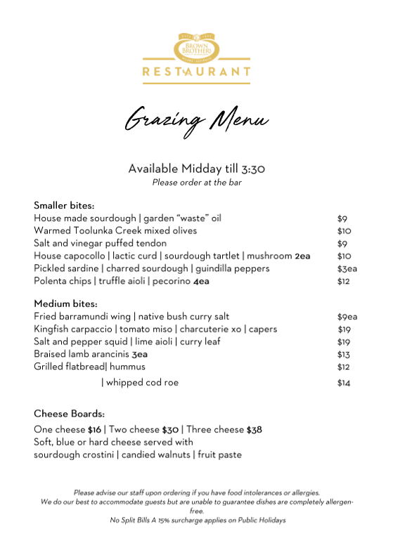 Menu, Brown Brothers Restaurant