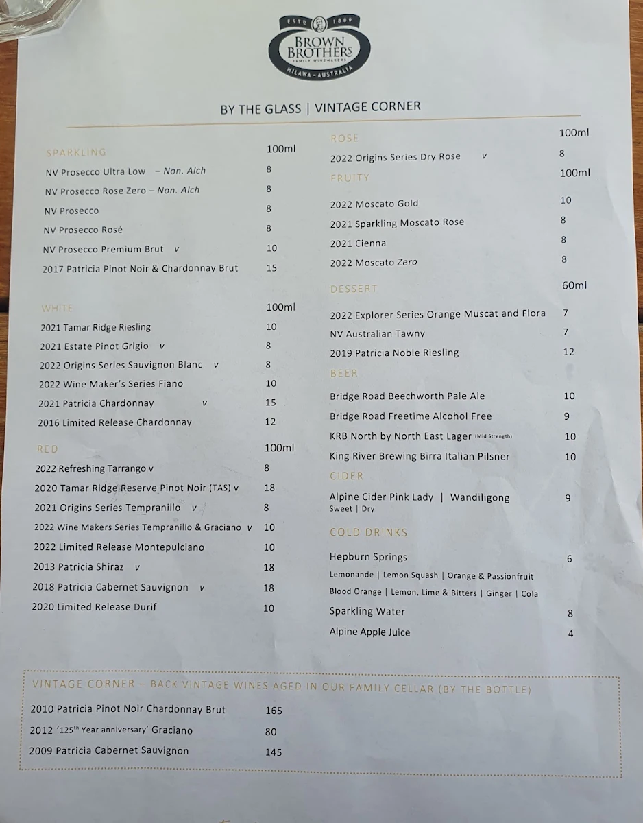Menu, Brown Brothers Restaurant