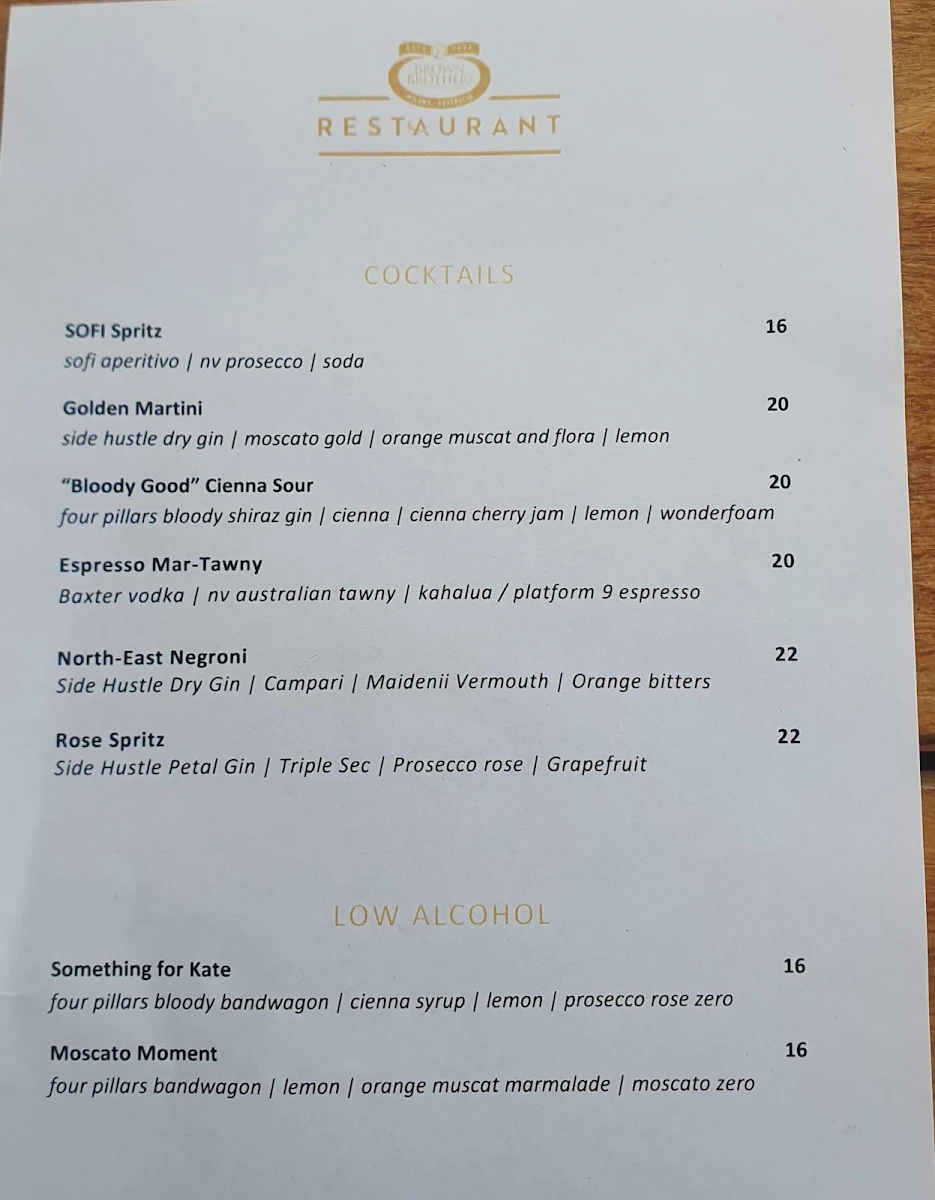 Menu, Brown Brothers Restaurant