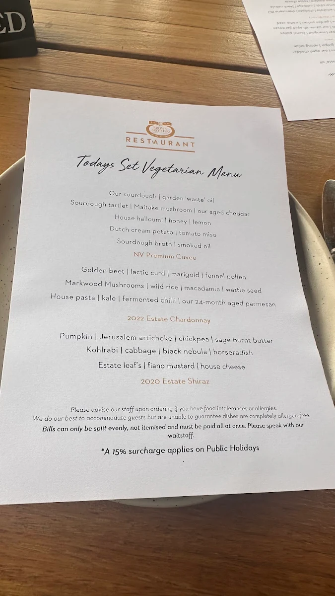 Menu, Brown Brothers Restaurant