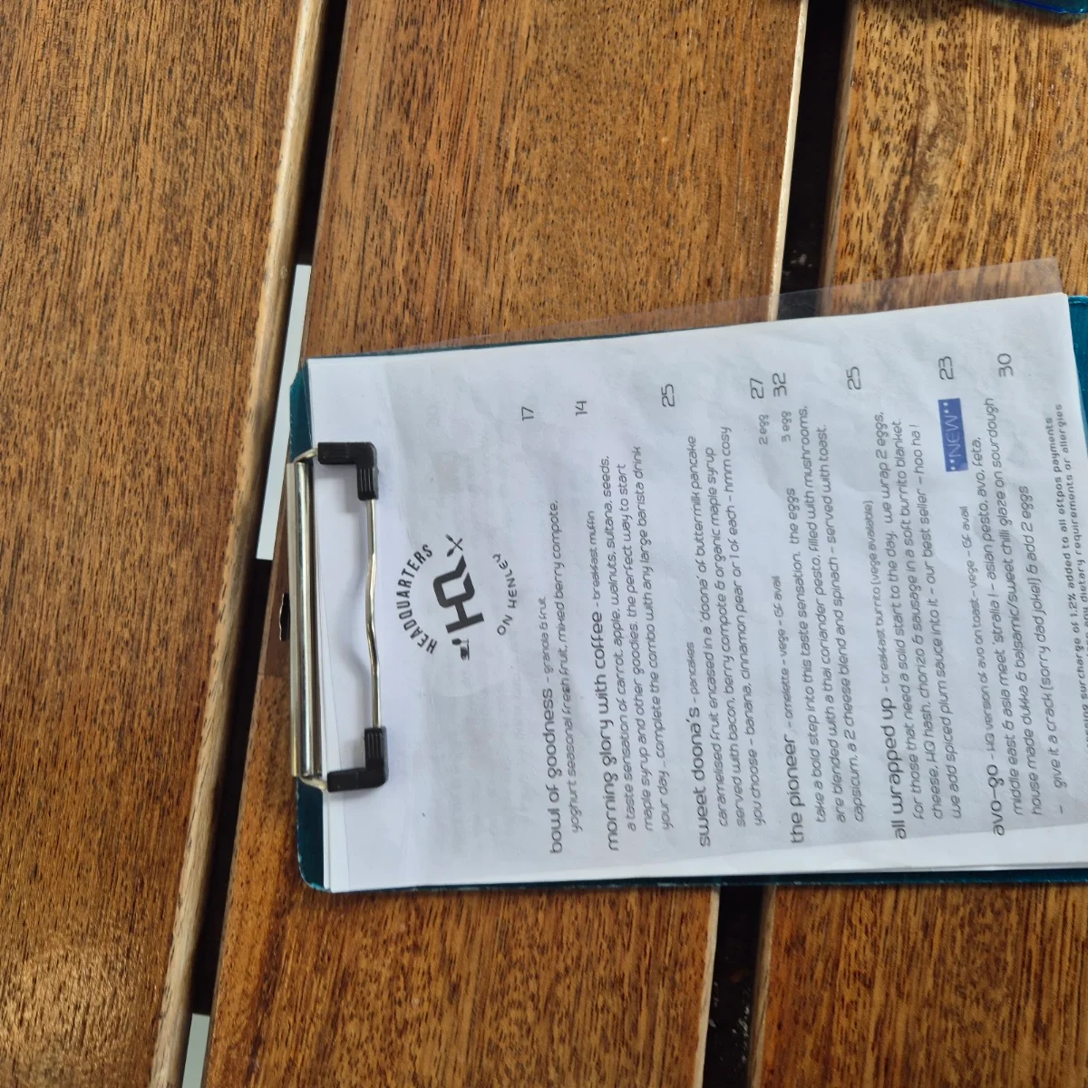 Menu, Headquarters on Henley