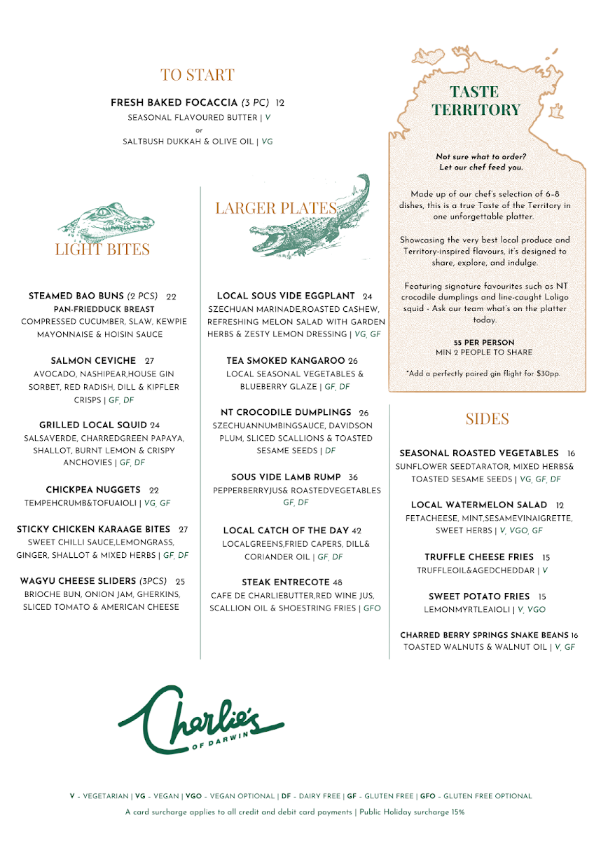 Menu, Charlie's of Darwin