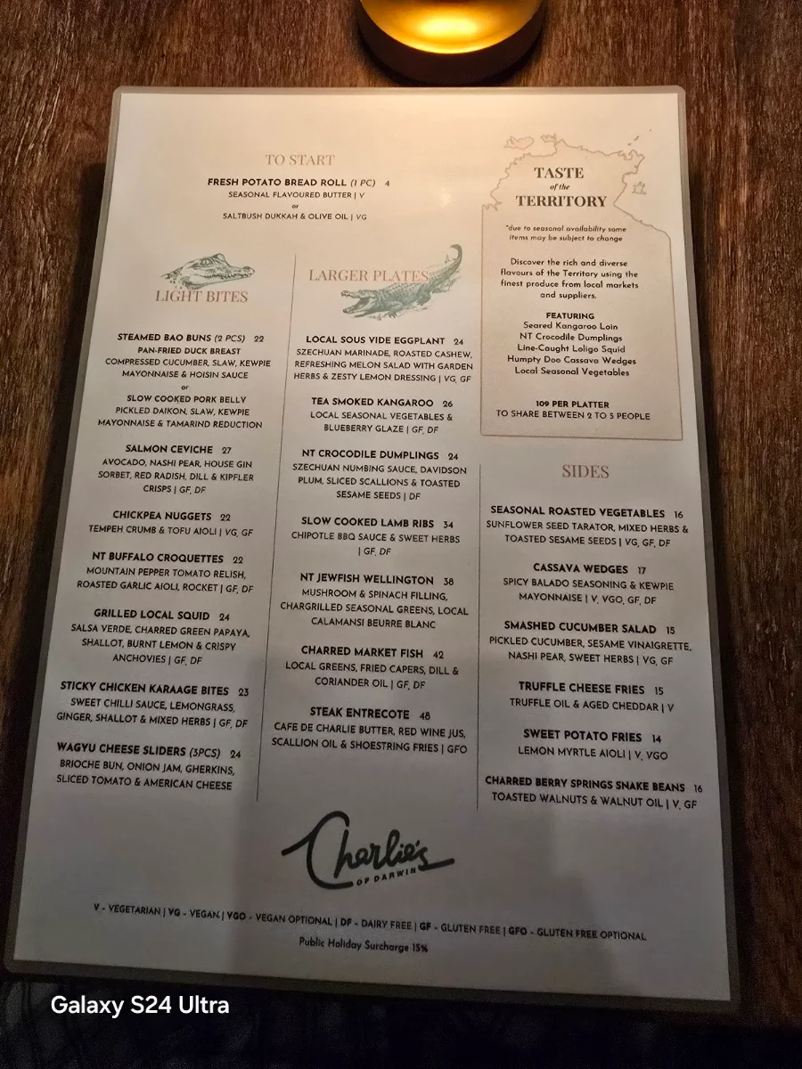 Menu, Charlie's of Darwin