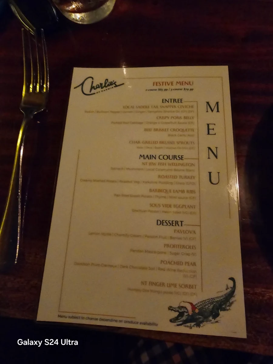 Menu, Charlie's of Darwin