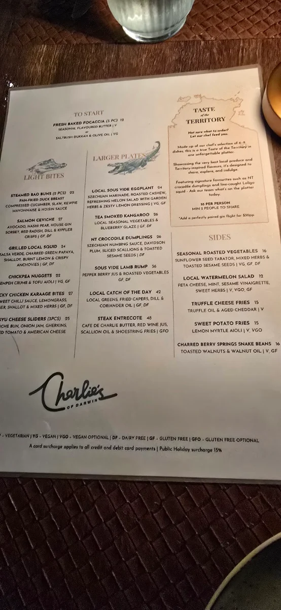 Menu, Charlie's of Darwin
