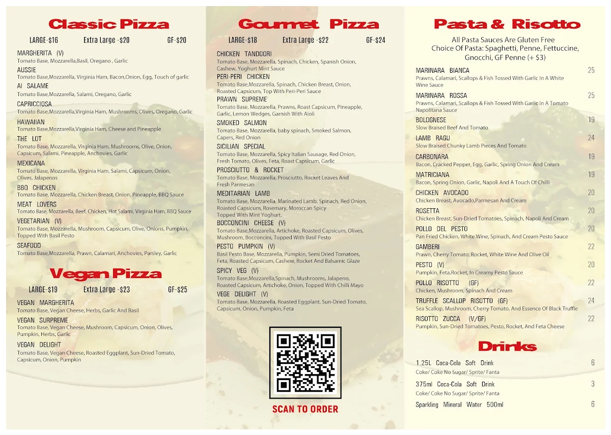 Menu, Farina Pizza & Pasta